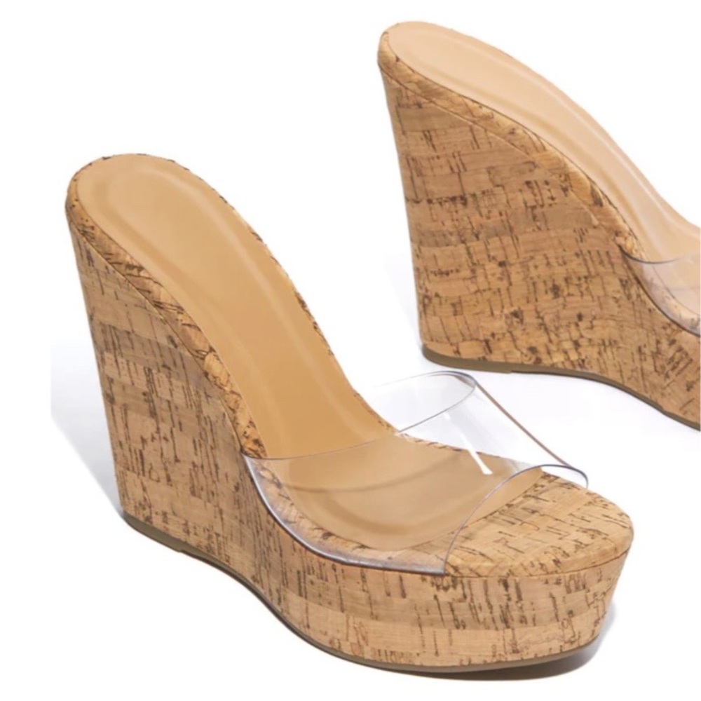 Clear Band Cork Platform Wedges - Picture 2 of 12
